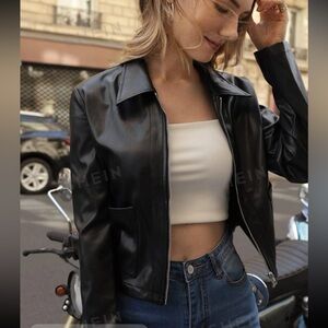 Black Cropped Faux Leather Jacket